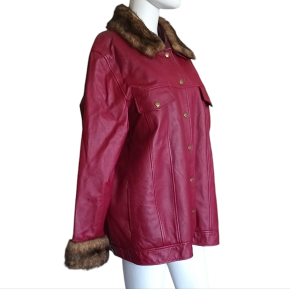 Terry Lewis Large Genuine Leather Jacket Red Snap Up Trucker Faux Fur Lining 1X - Picture 2 of 16